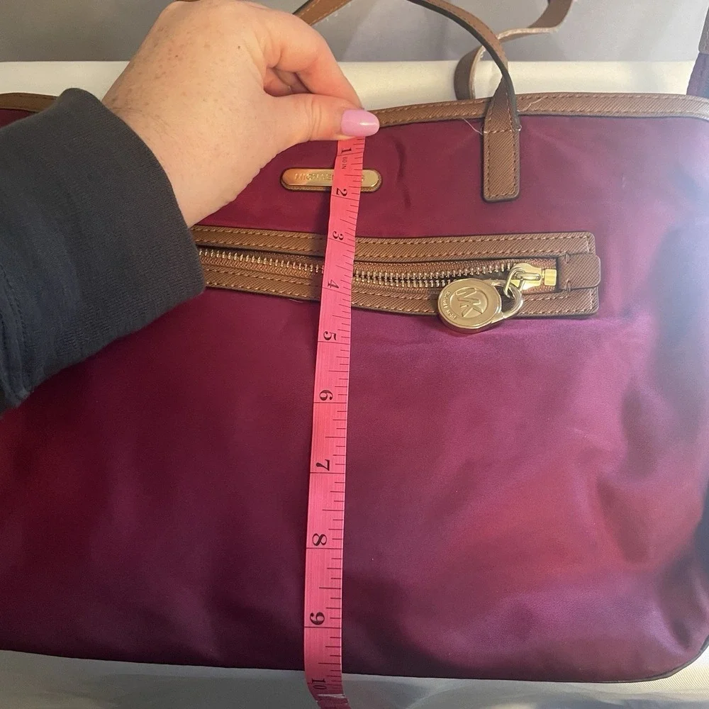 Michael Kors Kempton Nylon Satchel Tote Purse Shoulder Bag in Maroon & Brown - Picture 16 of 16